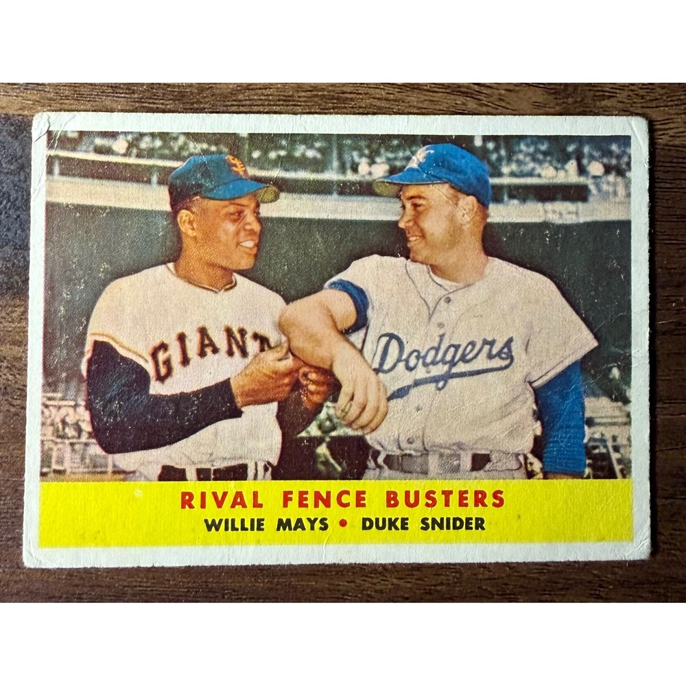 1958 Topps 436 Rival Fence Busters Willie Mays Duke Snider Baseball Card Vintage
